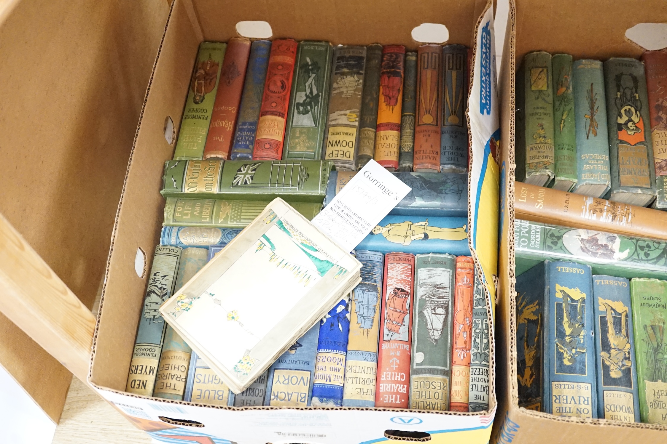 Children's Books - later 19th / earlier 20th century, mostly illustrated and with coloured pictorial covers; includes Gordon Stables From Pole to Pole (ca.1920) and Ellis's Lost in Samoa (1909) and others (48 in two boxe
